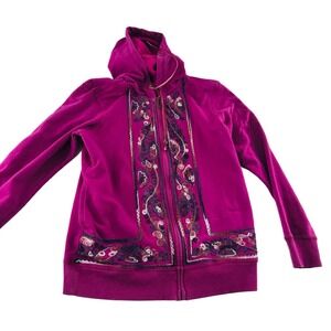 Three Hearts Womens Embroidered Pink Hoodie Jacket Zip-Up Small Plum